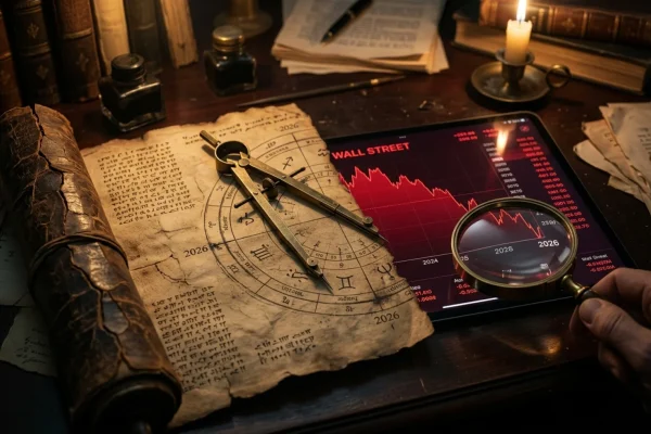 Antique brass astrolabe resting on top of declining red stock market charts and modern financial ledgers.
