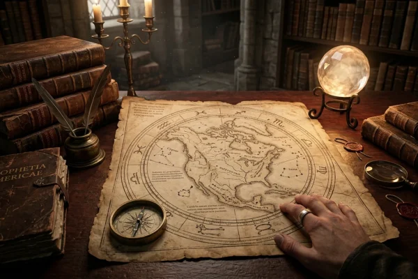 Antique map of Washington D.C. overlaid with a glowing astrological chart and a cracked crystal ball.