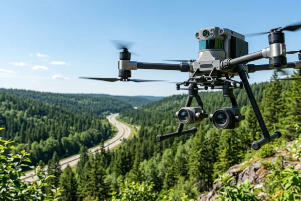 A sleek Alto high-speed train zooming past a drone surveying the Ontario landscape.