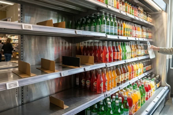 Close-up of empty glass bottles and plastic sodas replacing aluminum cans on a supermarket shelf.