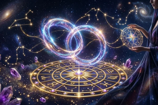 A mystical glowing astrological wheel showing Venus and Jupiter alignments for June 2026 compatibility.