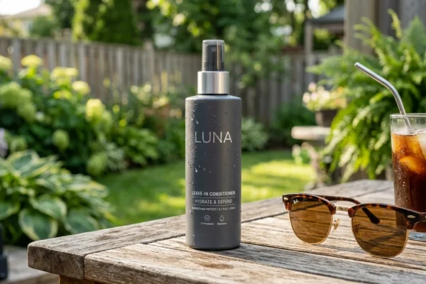 Man applying a protective leave-in hair product before heading outdoors.