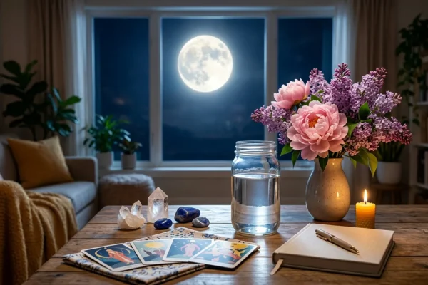 A glowing full moon rising over a North American pine forest in spring.