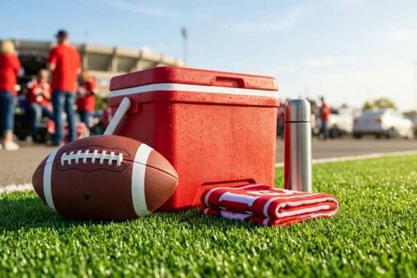 Calgary Stampeders football helmet resting on the turf at McMahon Stadium.