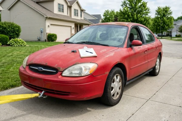 An old rusted sedan sitting in a driveway with a tow truck approaching in the background.