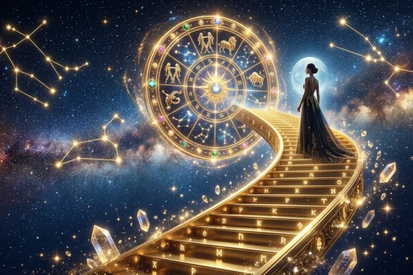 Golden astrolabe pointing toward the constellation Gemini during a solar career transit.