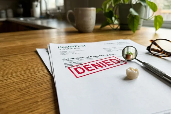 Frustrated Canadian reviewing a denied dental insurance claim at the kitchen table.