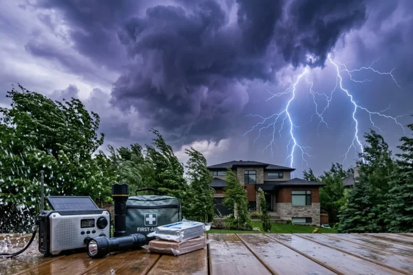 Dark ominous storm clouds and lightning striking over a dense Colombian city skyline.
