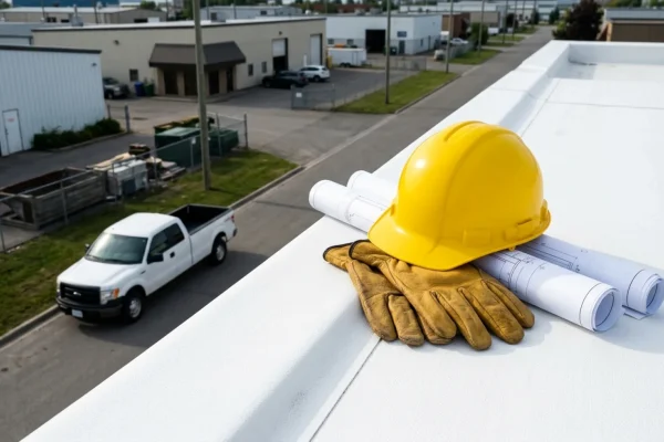 Roofing contractor shaking hands with a corporate executive on a commercial rooftop.