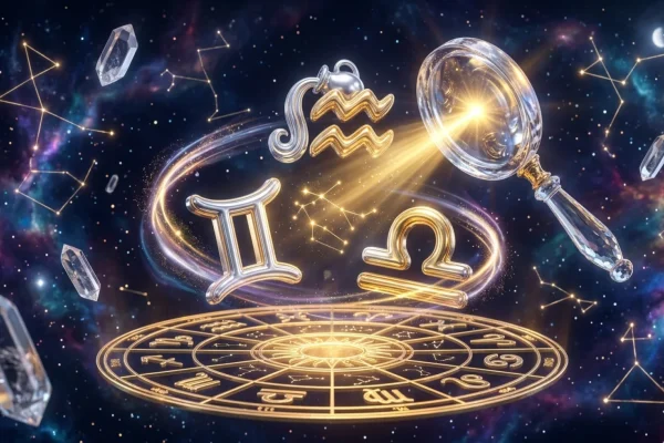 Golden astrological wheel floating in a starry galaxy with glowing Gemini and Pluto symbols.
