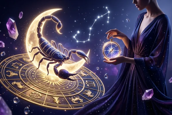 Glowing astrology wheel showing a Scorpio moon and planetary alignments over a mystical twilight sky.