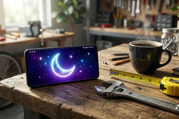 A modern man checking his smartphone with a faint digital constellation graphic in the background.