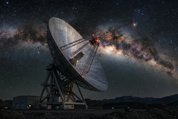 A massive NASA Deep Space Network radio dish pointing towards a starry night sky.