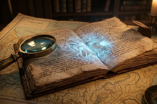Old Slavic text overlaid on a microscopic image of a virus and a map of thawing Siberian permafrost.