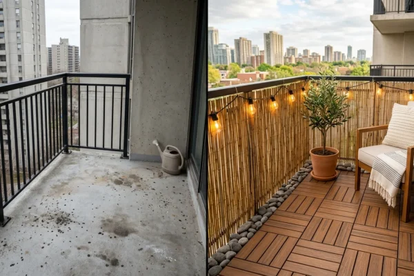 Small balcony decorated with interlocking wood tiles, string lights, and potted plants.