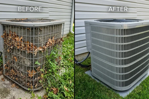 Man inspecting an outdoor residential air conditioning unit.