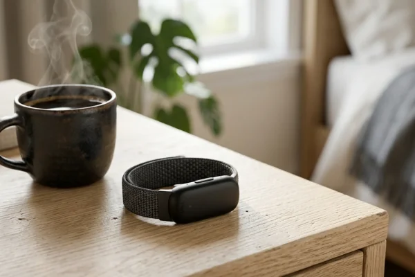 The screenless Fitbit Air tracker resting on a gym bench next to a smartphone displaying the Google Health app.