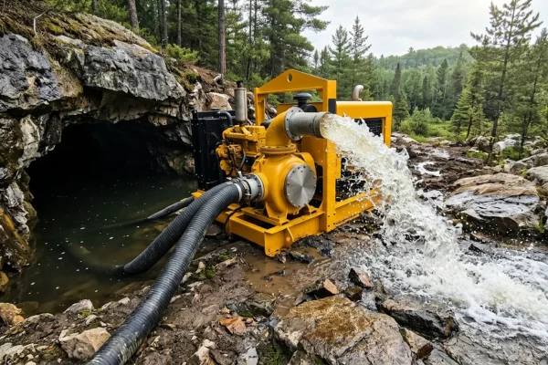Emergency rescue divers preparing industrial water pumps outside a flooded cave entrance.