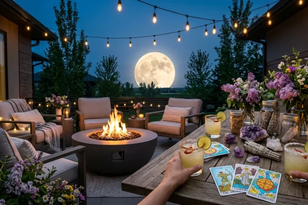 Friends laughing and dancing outdoors under string lights and a bright full moon.