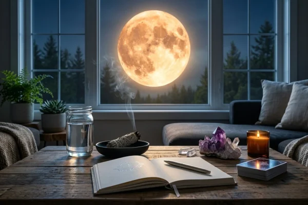 Radiant May Flower Moon glowing above a dark, silhouetted North American tree line.