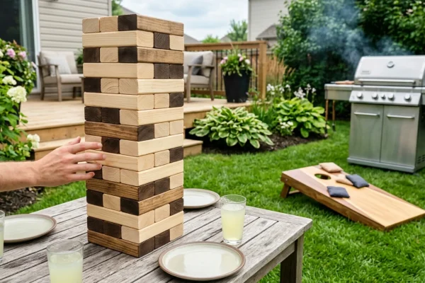Family playing a giant wooden block game on a green lawn.