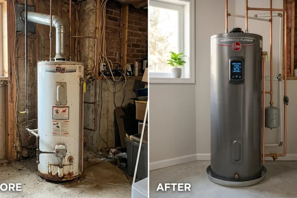 A modern electric heat pump water heater sitting next to a rusted residential gas tank.