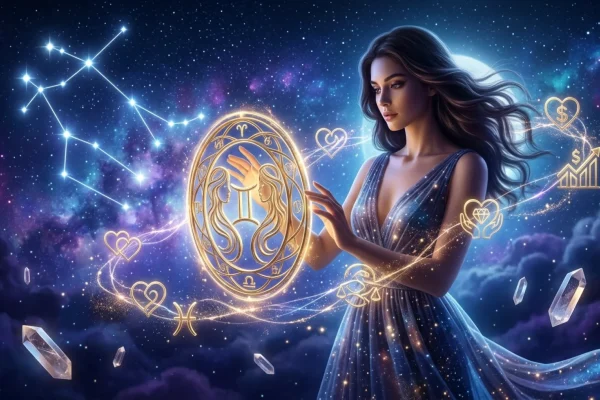 A glowing astrological chart featuring the Gemini twins constellation against a starry night sky.