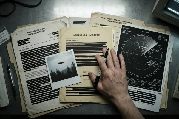 Classified redacted files stacked next to a glowing green ATC radar screen showing anomalous fast-moving tracks.