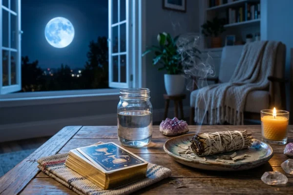 A sleek brass bell, a bundle of dried herbs, and a lit candle on a modern coffee table under moonlight.