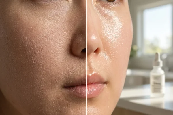 Man applying a facial serum with a dropper in front of a bathroom mirror.
