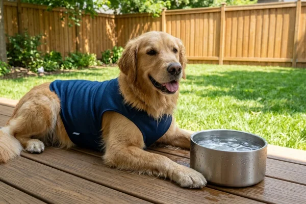 A panting Golden Retriever resting comfortably on a blue pressure-activated cooling mat outdoors.