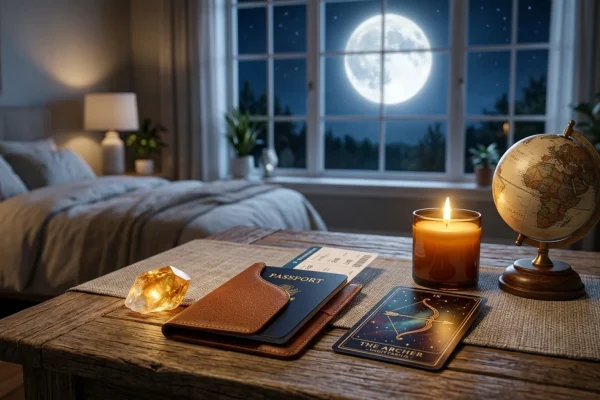 Glowing full moon over a Canadian passport and open vintage map.