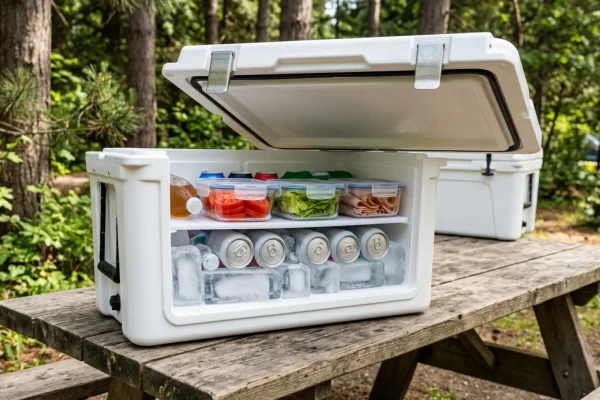 Yeti hard cooler properly packed with solid ice blocks and sealed meal containers.