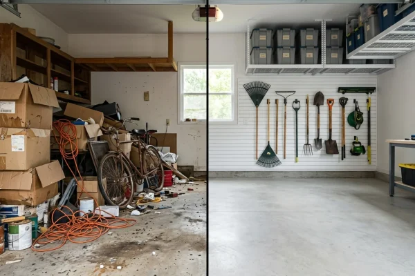 A perfectly organized garage with tools hung on slatwalls and neatly stacked storage bins.