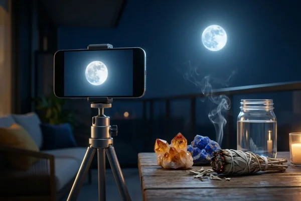 A glowing blue-tinted full moon captured sharply on a modern smartphone screen against a dark sky.