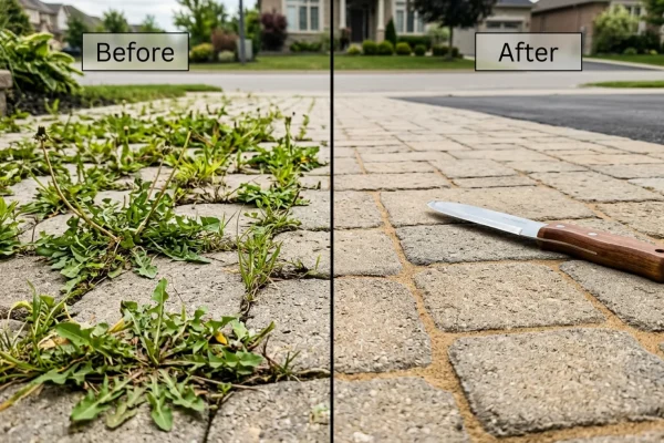 Man scraping weeds from interlocking stone driveway cracks