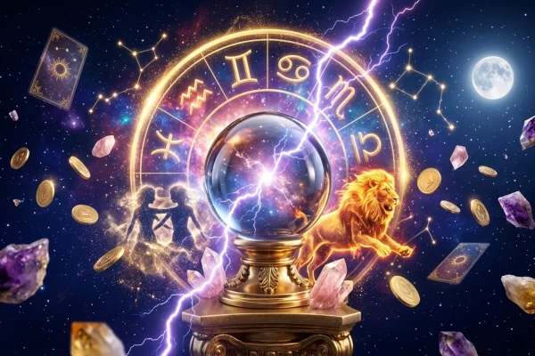 Golden astrological wheel displaying June 2026 transits over a starry summer night sky.