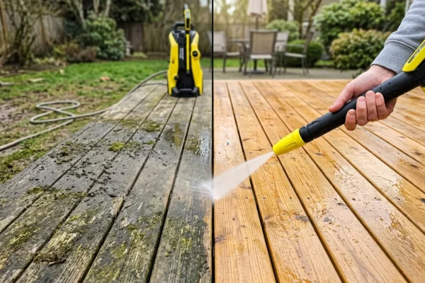 A man washing his muddy SUV using a compact yellow Kärcher pressure washer.