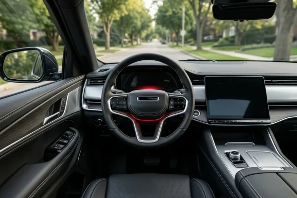 Driver hands gripping a modern steering wheel with a digital safety dashboard.