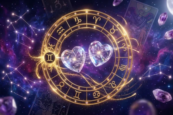 Mystical golden compass pointing toward Venus and the Gemini constellation.
