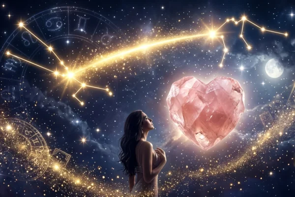 Glowing astrological chart highlighting Venus and Pluto alignments over a vibrant, starry background.