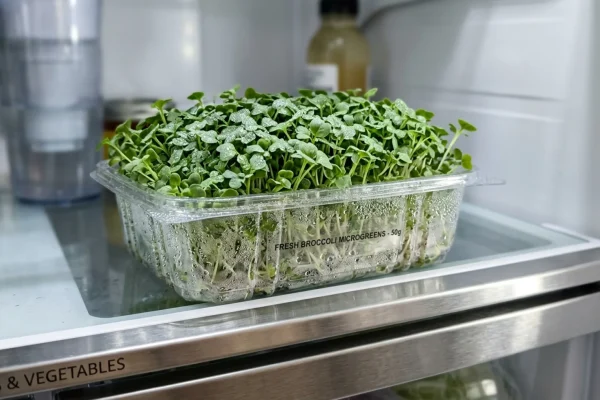 Close up of recalled Lufa Farms broccoli microgreens packaging in a refrigerator.