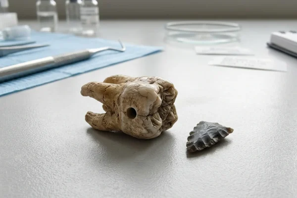 Close-up of a 59,000-year-old Neanderthal molar showing a drilled hole.