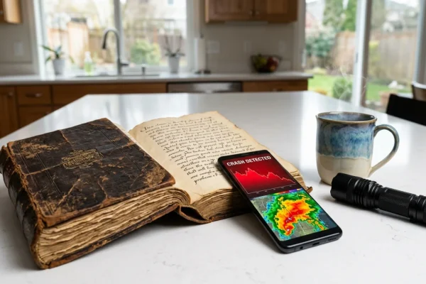 An open, ancient leather-bound book of prophecies resting on a rustic wooden workbench.
