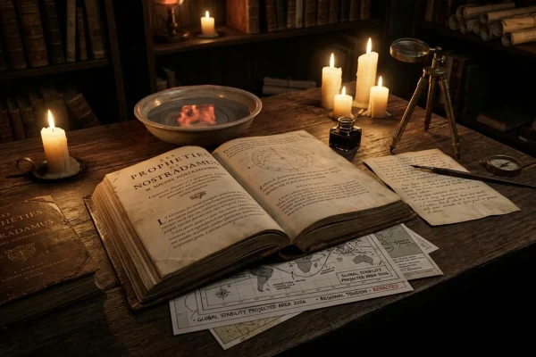 Faded Nostradamus manuscript illuminated by candlelight showing astrological charts and maps of North America and Europe.