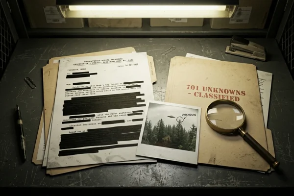 Dusty declassified government files on a desk next to a glowing green radar screen.