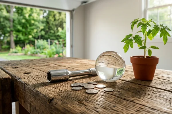 A crystal ball reflecting a rising stock market graph and a suburban house.