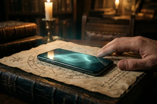 A glowing smartphone screen displaying esoteric chat text overlapping an ancient illuminated manuscript mapping planetary alignments.