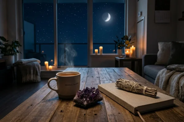 A serene person journaling near a window illuminated by moonlight.