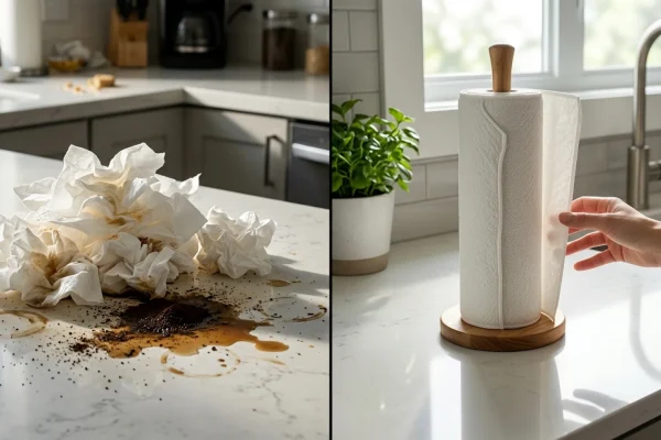 A roll of reusable cotton towels attached with velcro on a wooden kitchen dispenser.